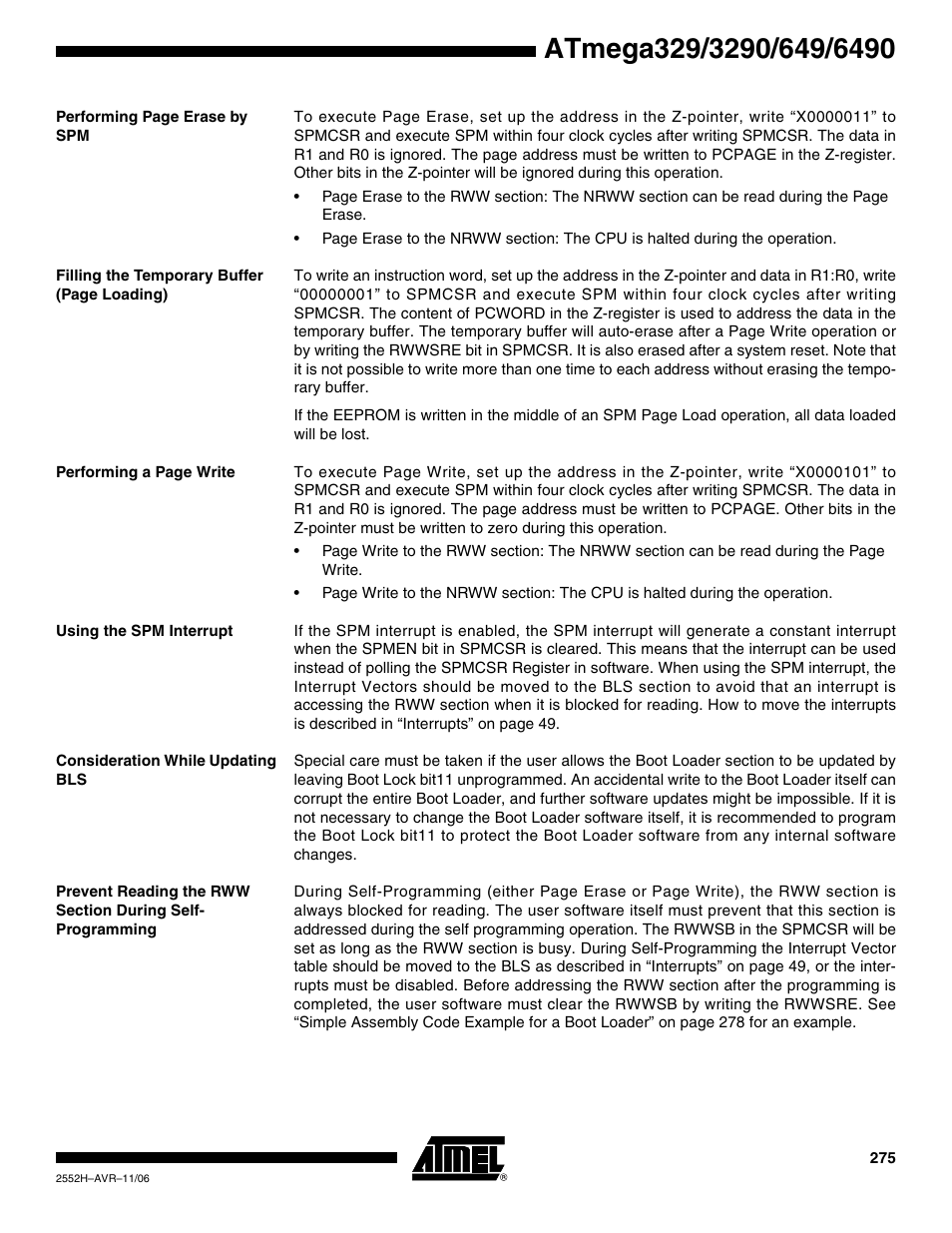 Using the spm interrupt, Consideration while updating bls | Rainbow Electronics ATmega3290P_V User Manual | Page 275 / 375