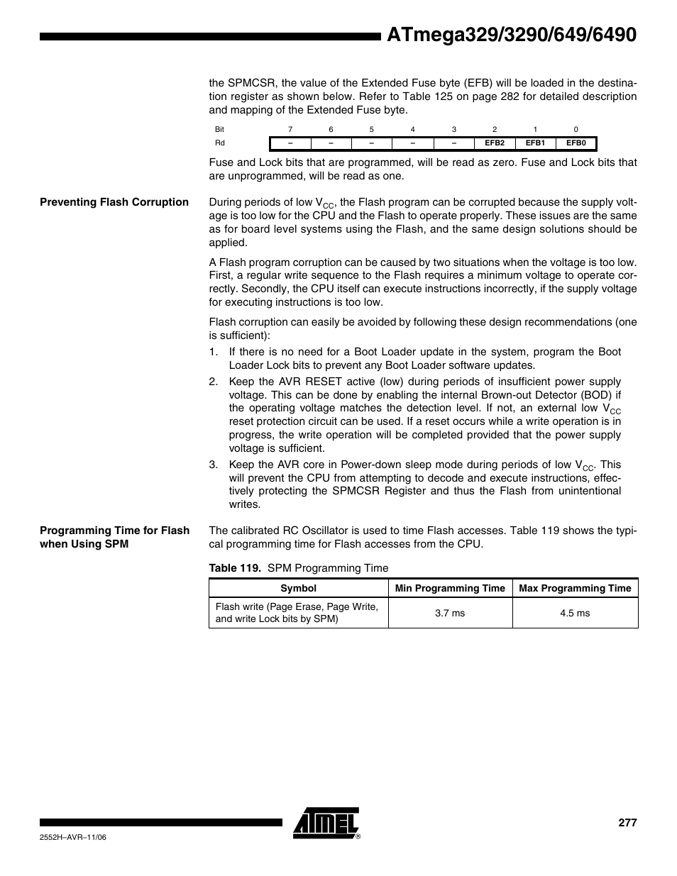 Preventing flash corruption, Programming time for flash when using spm | Rainbow Electronics ATmega3290P_V User Manual | Page 277 / 375