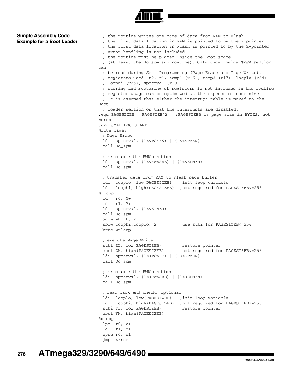 Simple assembly code example for a boot loader | Rainbow Electronics ATmega3290P_V User Manual | Page 278 / 375