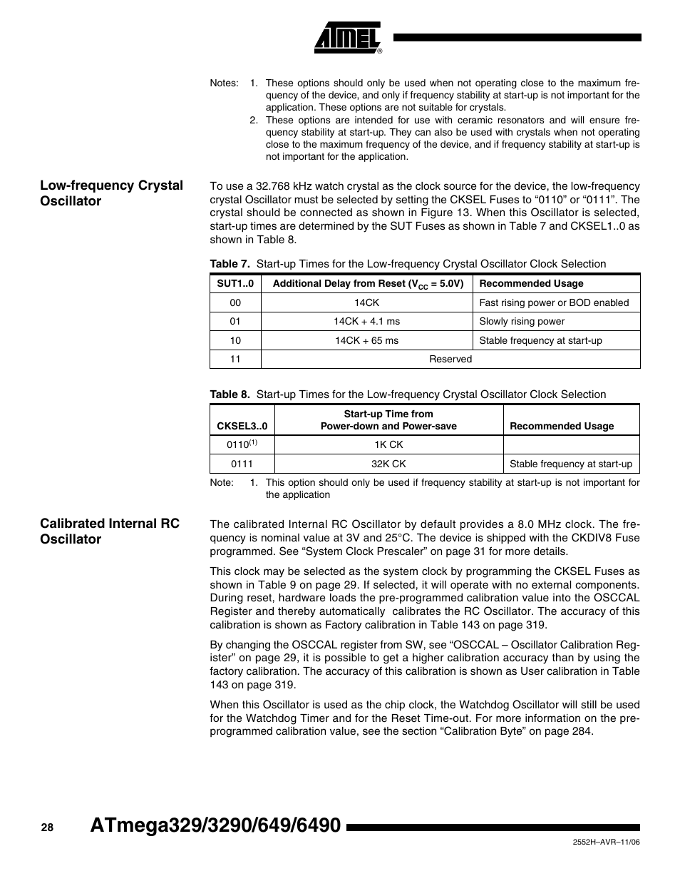 Low-frequency crystal oscillator, Calibrated internal rc oscillator | Rainbow Electronics ATmega3290P_V User Manual | Page 28 / 375