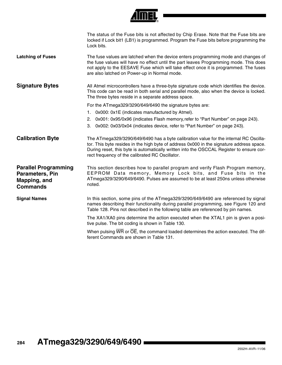 Latching of fuses, Signature bytes, Calibration byte | Signal names | Rainbow Electronics ATmega3290P_V User Manual | Page 284 / 375