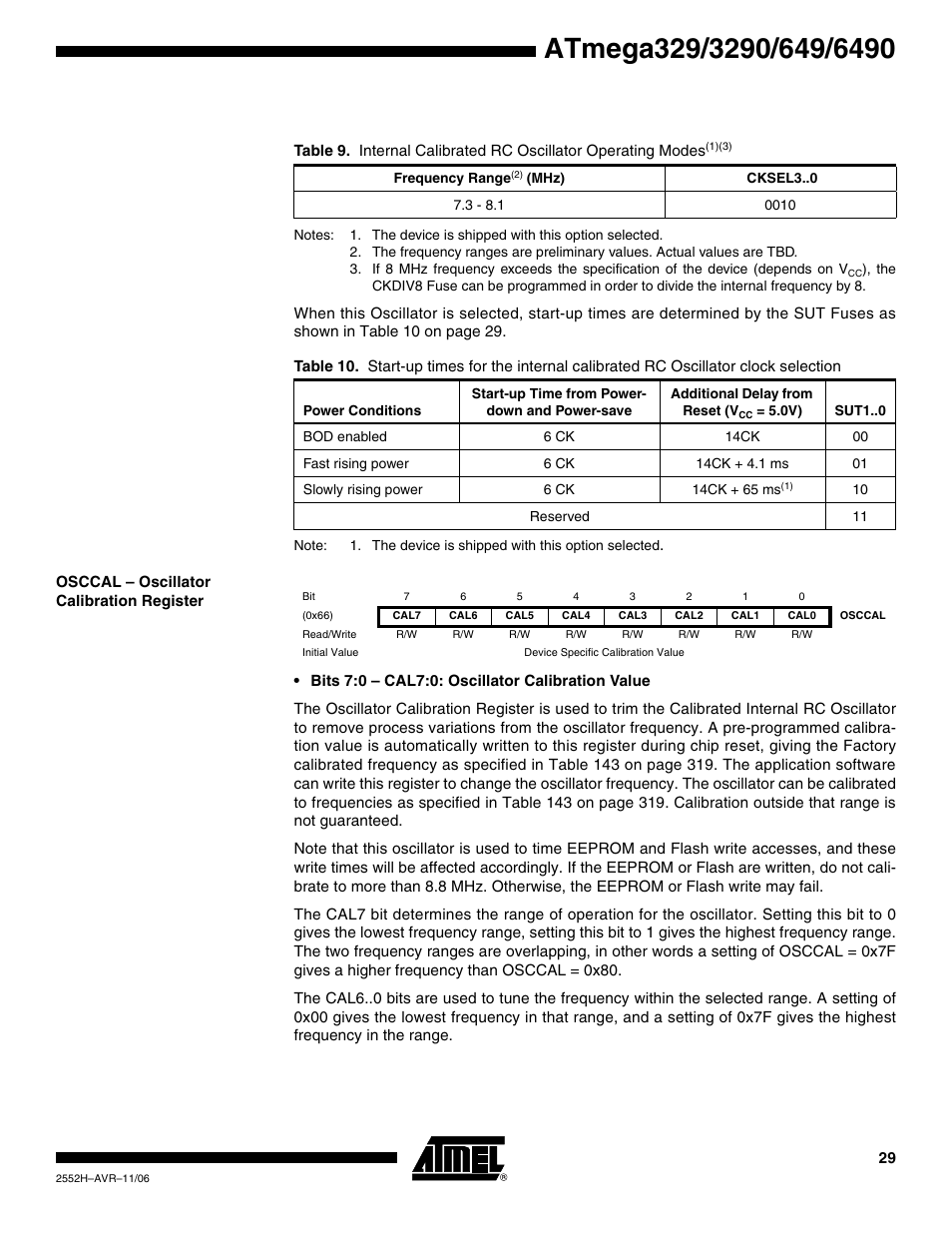 Osccal - oscillator calibration register | Rainbow Electronics ATmega3290P_V User Manual | Page 29 / 375