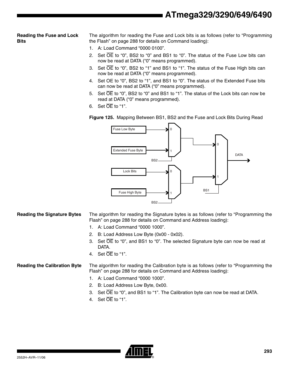 Reading the fuse and lock bits, Reading the signature bytes, Reading the calibration byte | Rainbow Electronics ATmega3290P_V User Manual | Page 293 / 375
