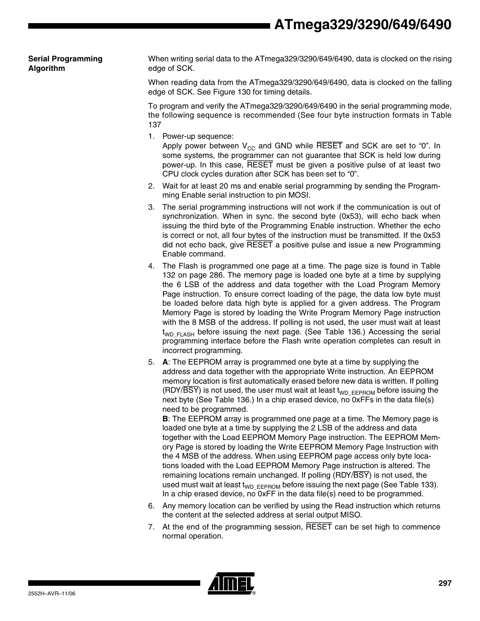 Serial programming algorithm | Rainbow Electronics ATmega3290P_V User Manual | Page 297 / 375
