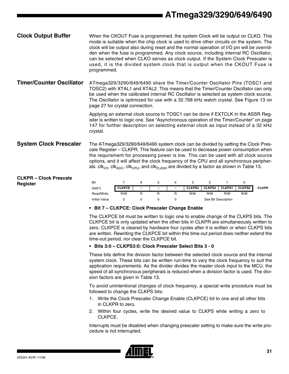 Clock output buffer, Timer/counter oscillator, System clock prescaler | Clkpr - clock prescale register | Rainbow Electronics ATmega3290P_V User Manual | Page 31 / 375