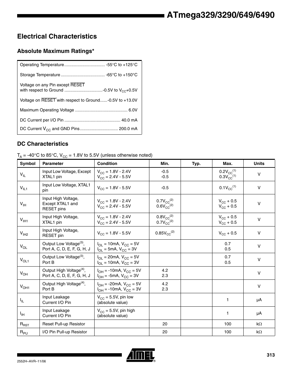 Electrical characteristics, Absolute maximum ratings, Dc characteristics | Absolute maximum ratings* dc characteristics | Rainbow Electronics ATmega3290P_V User Manual | Page 313 / 375