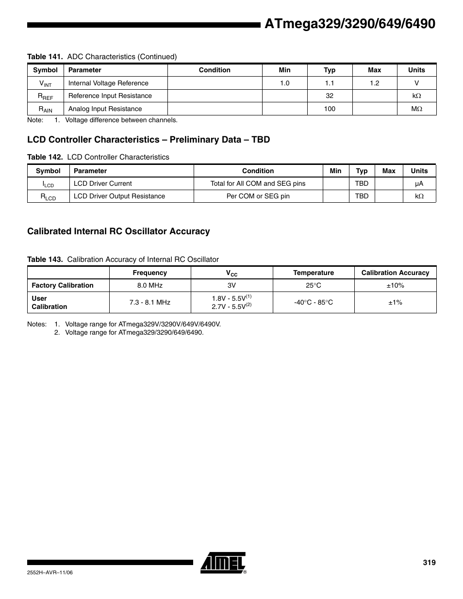 Calibrated internal rc oscillator accuracy | Rainbow Electronics ATmega3290P_V User Manual | Page 319 / 375