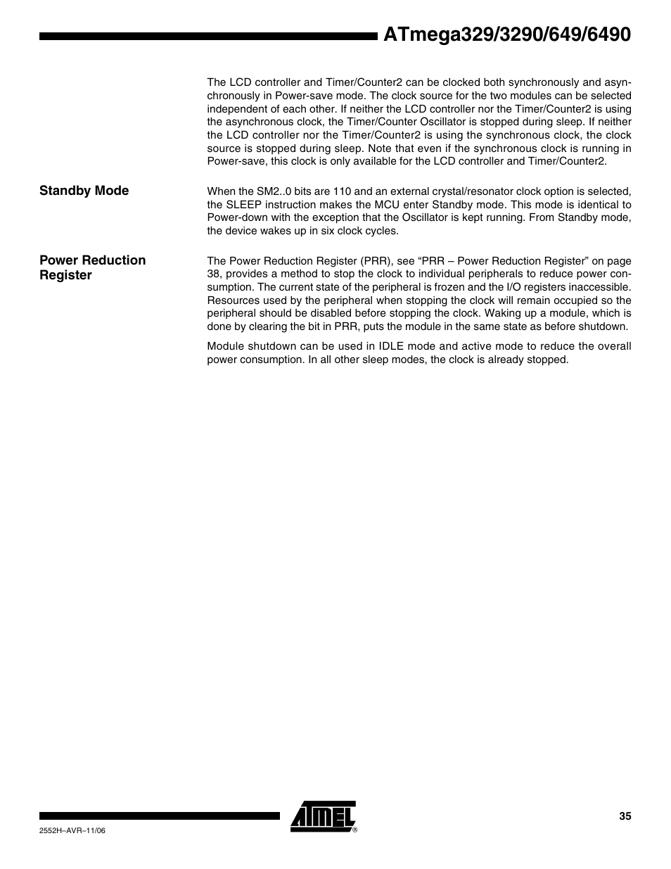 Standby mode, Power reduction register | Rainbow Electronics ATmega3290P_V User Manual | Page 35 / 375