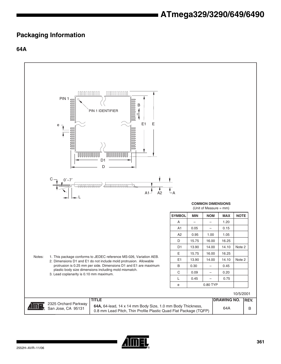 Packaging information | Rainbow Electronics ATmega3290P_V User Manual | Page 361 / 375