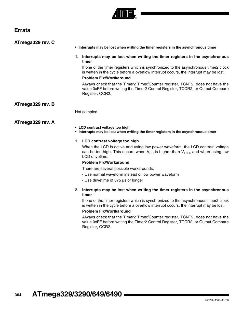 Errata, Atmega329 rev. c, Atmega329 rev. b | Atmega329 rev. a | Rainbow Electronics ATmega3290P_V User Manual | Page 364 / 375