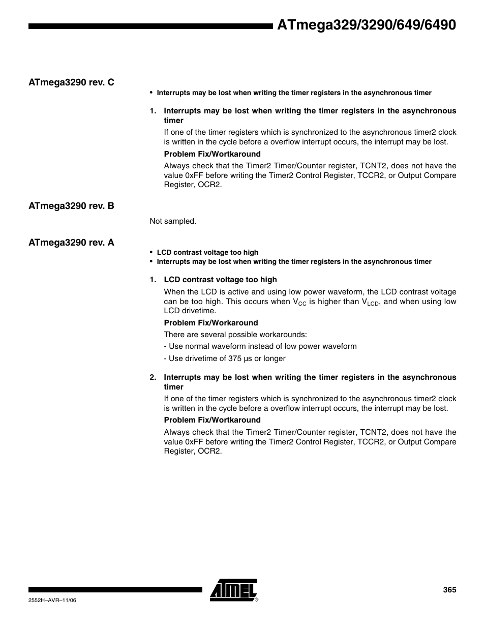 Atmega3290 rev. c, Atmega3290 rev. b, Atmega3290 rev. a | Rainbow Electronics ATmega3290P_V User Manual | Page 365 / 375