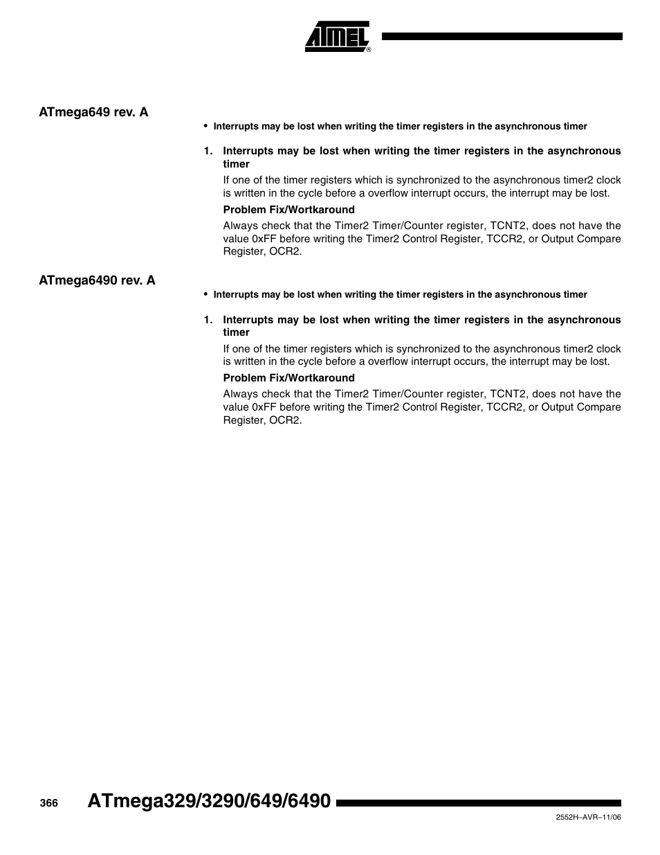 Atmega649 rev. a, Atmega6490 rev. a | Rainbow Electronics ATmega3290P_V User Manual | Page 366 / 375