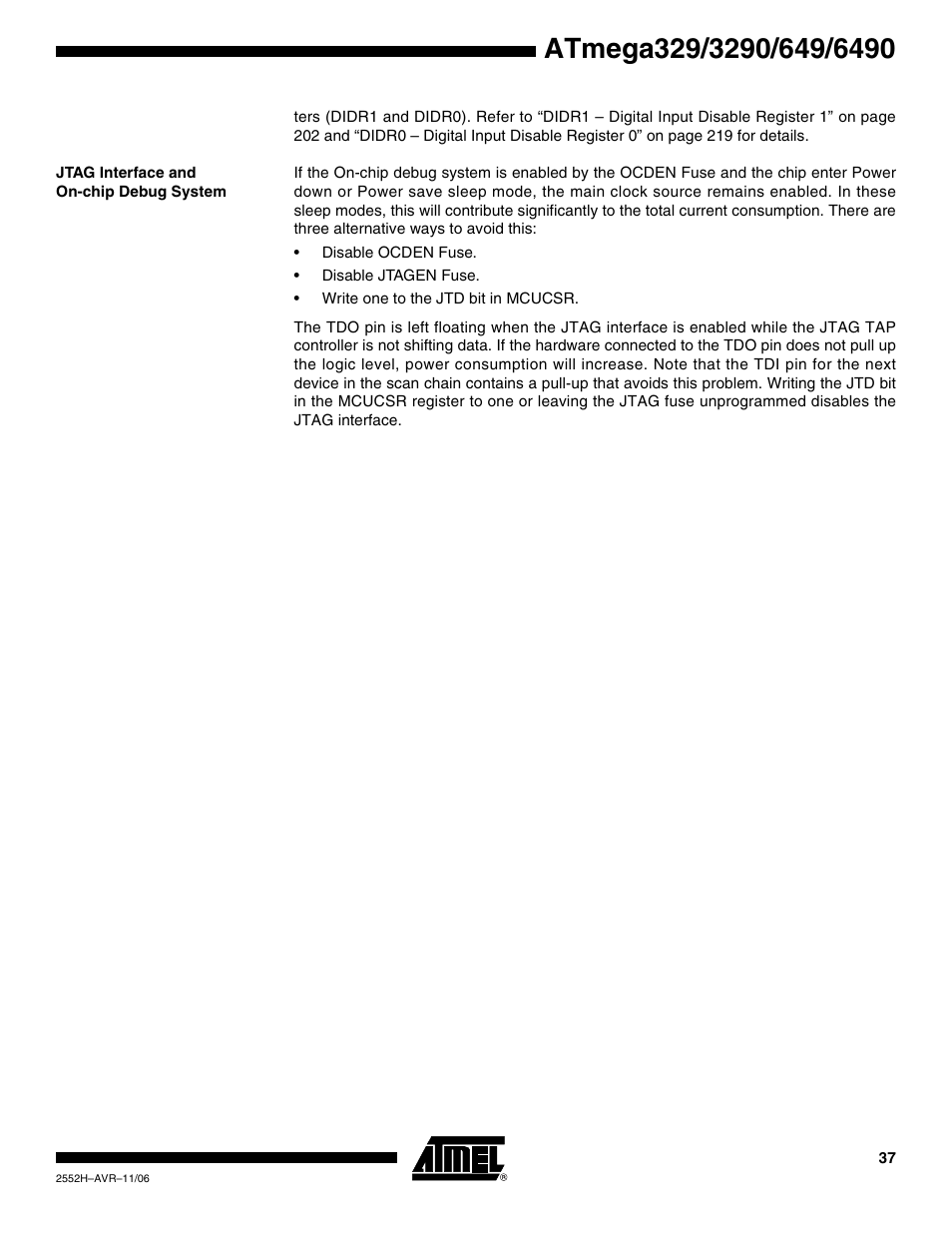 Jtag interface and on-chip debug system | Rainbow Electronics ATmega3290P_V User Manual | Page 37 / 375