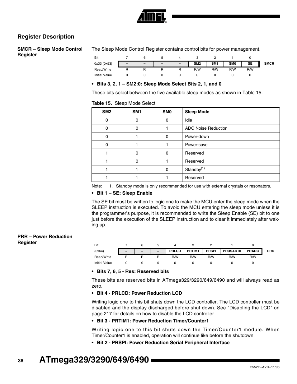 Register description, Smcr - sleep mode control register, Prr - power reduction register | Rainbow Electronics ATmega3290P_V User Manual | Page 38 / 375