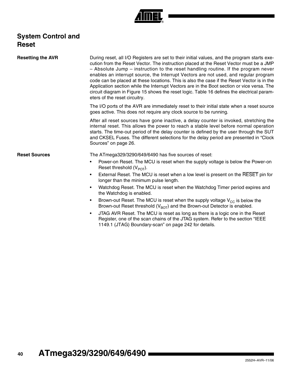System control and reset, Resetting the avr, Reset sources | Rainbow Electronics ATmega3290P_V User Manual | Page 40 / 375