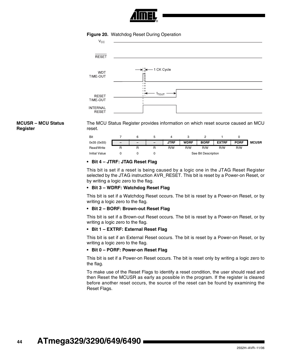 Mcusr - mcu status register | Rainbow Electronics ATmega3290P_V User Manual | Page 44 / 375