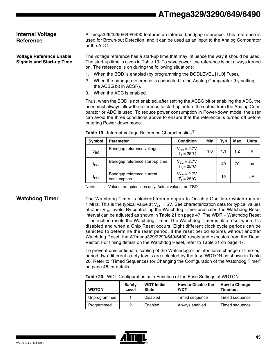 Internal voltage reference, Voltage reference enable signals and start-up time, Watchdog timer | Rainbow Electronics ATmega3290P_V User Manual | Page 45 / 375
