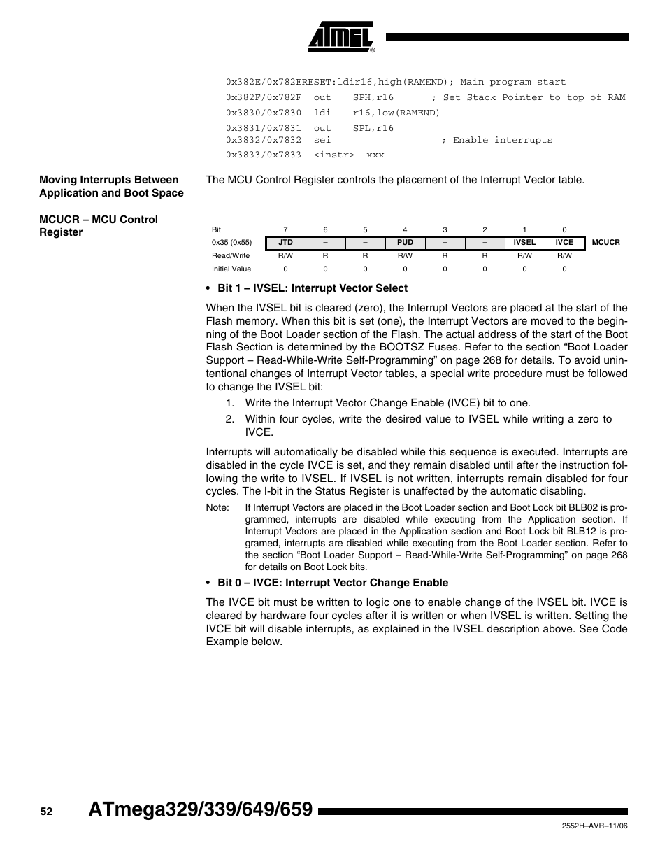 Mcucr - mcu control register | Rainbow Electronics ATmega3290P_V User Manual | Page 52 / 375