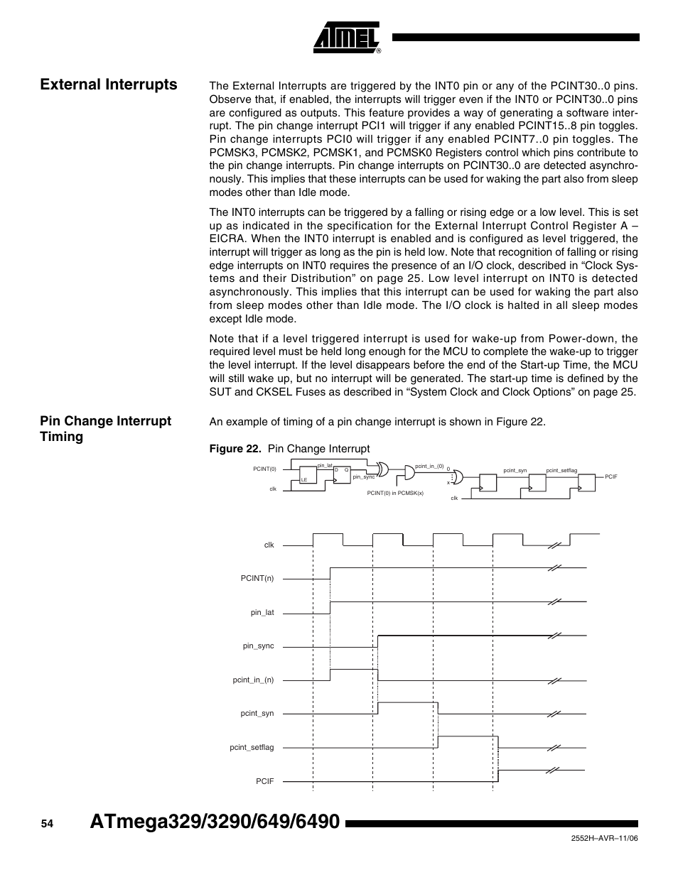 External interrupts, Pin change interrupt timing | Rainbow Electronics ATmega3290P_V User Manual | Page 54 / 375