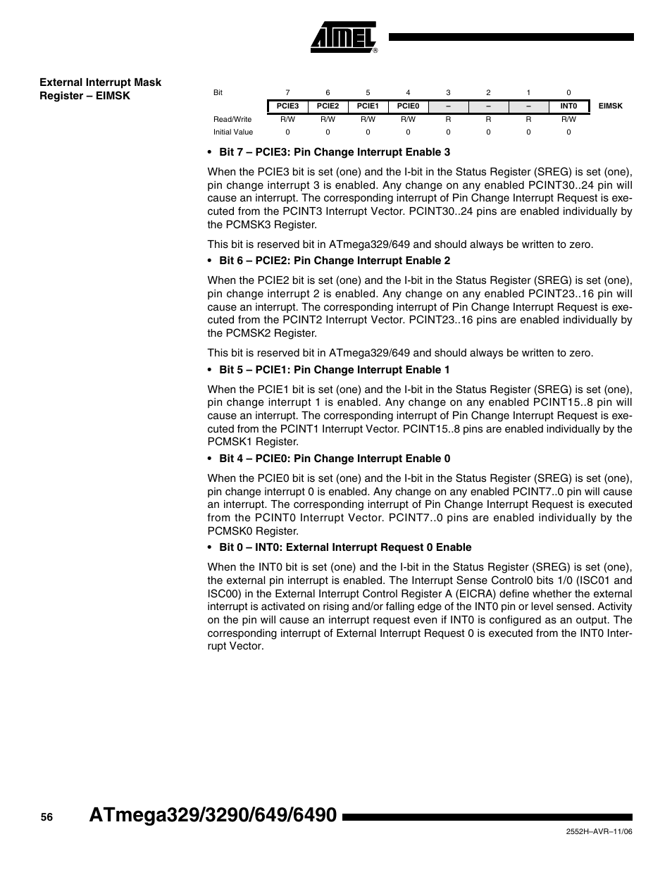 External interrupt mask register - eimsk | Rainbow Electronics ATmega3290P_V User Manual | Page 56 / 375