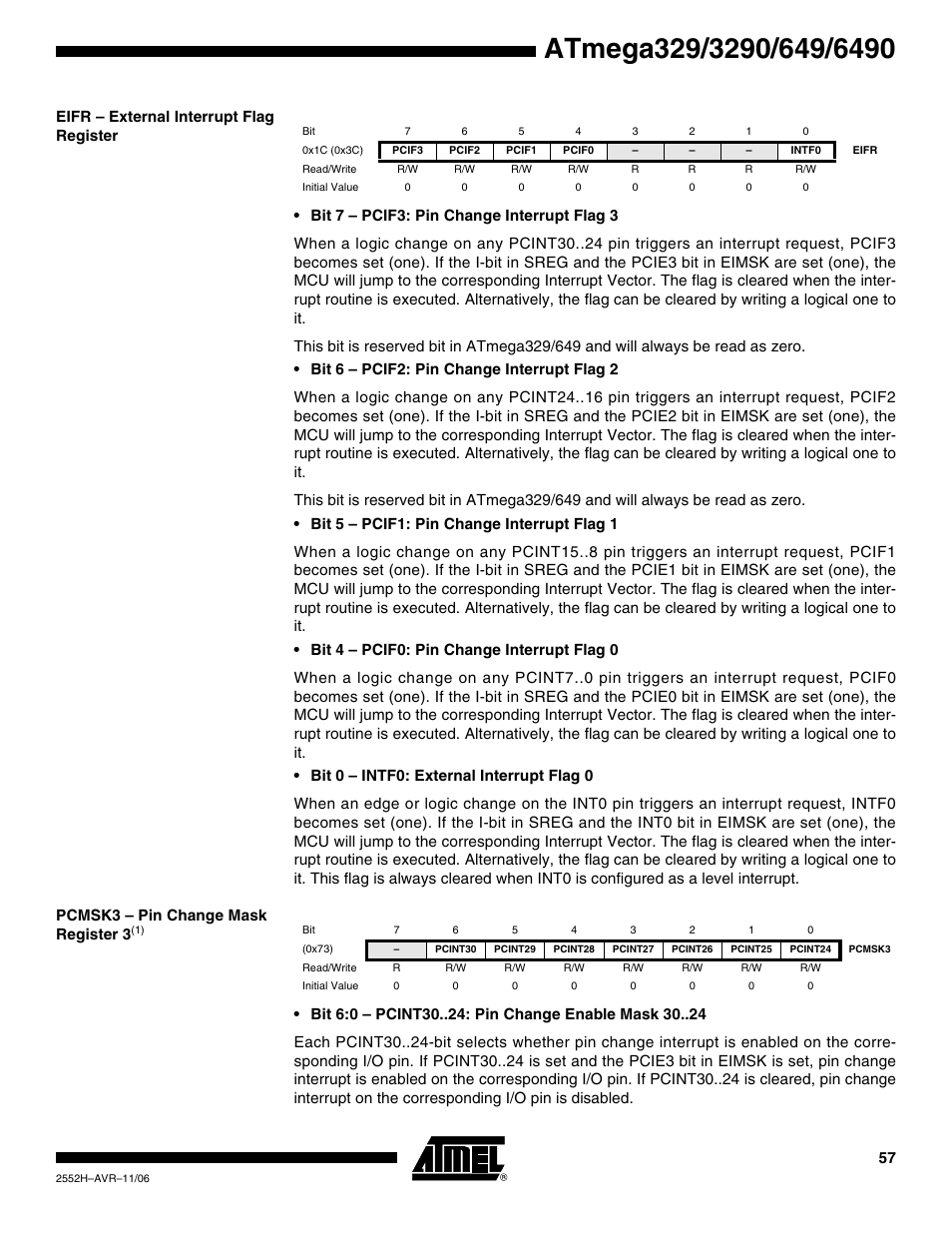 Eifr - external interrupt flag register, Pcmsk3 - pin change mask register 3(1) | Rainbow Electronics ATmega3290P_V User Manual | Page 57 / 375