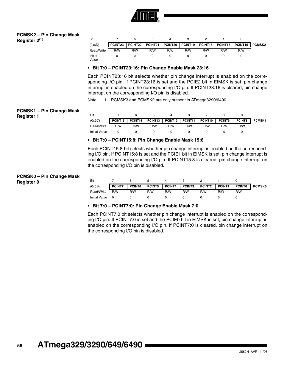 Pcmsk2 - pin change mask register 2(1), Pcmsk1 - pin change mask register 1, Pcmsk0 - pin change mask register 0 | Pcmsk2 – pin change mask register 2 | Rainbow Electronics ATmega3290P_V User Manual | Page 58 / 375
