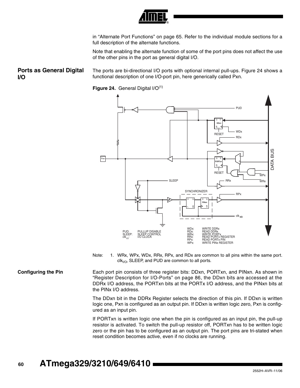 Ports as general digital i/o, Configuring the pin, Sleep, and pud are common to all ports | Rainbow Electronics ATmega3290P_V User Manual | Page 60 / 375