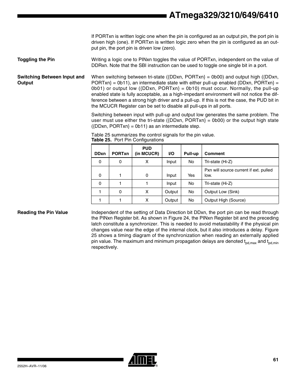 Toggling the pin, Switching between input and output, Reading the pin value | Rainbow Electronics ATmega3290P_V User Manual | Page 61 / 375