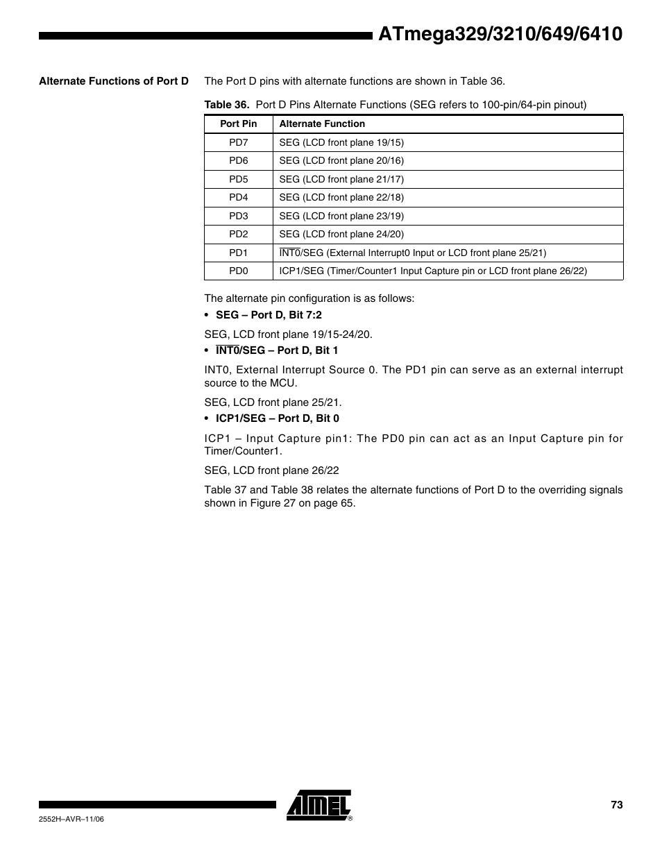 Alternate functions of port d | Rainbow Electronics ATmega3290P_V User Manual | Page 73 / 375
