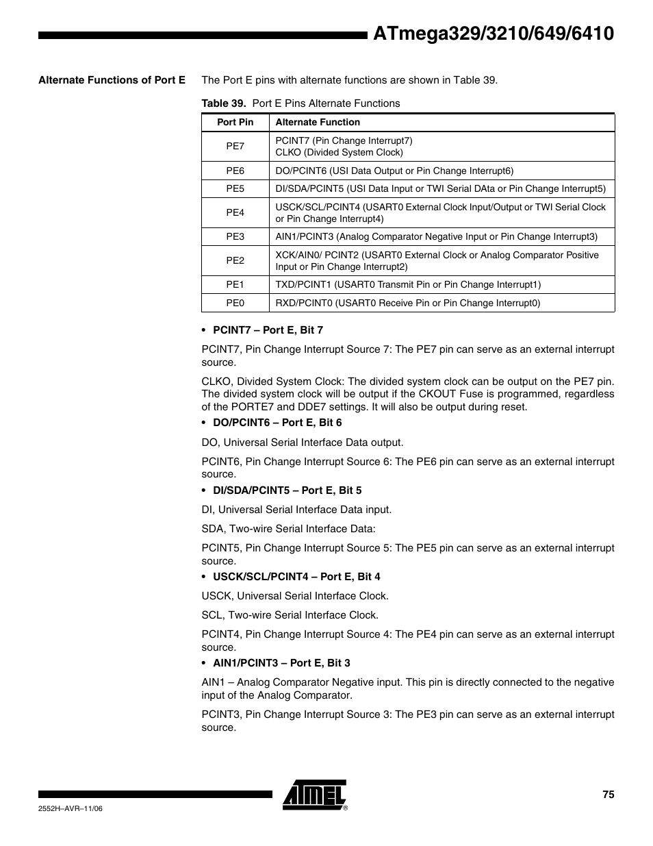 Alternate functions of port e | Rainbow Electronics ATmega3290P_V User Manual | Page 75 / 375