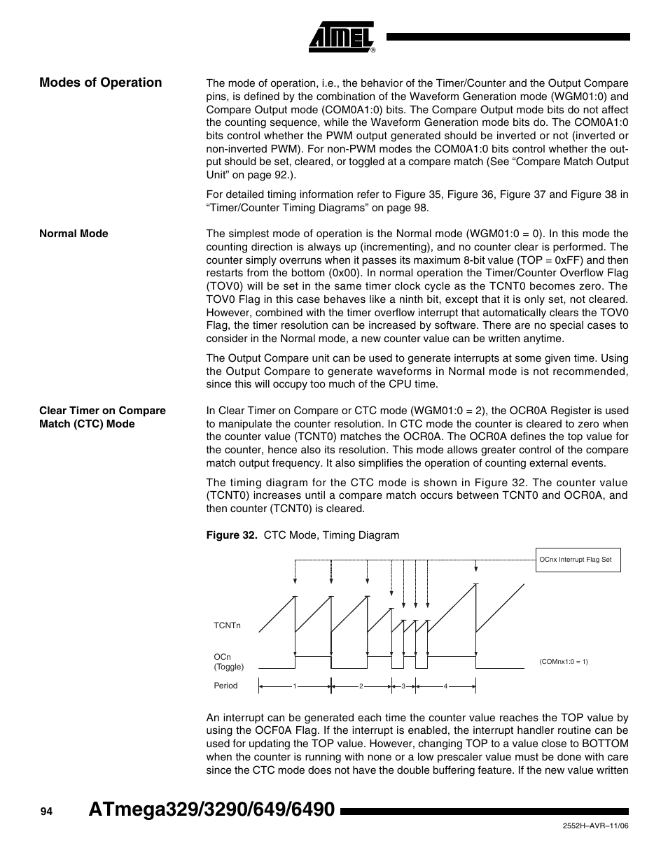 Modes of operation, Normal mode, Clear timer on compare match (ctc) mode | Rainbow Electronics ATmega3290P_V User Manual | Page 94 / 375