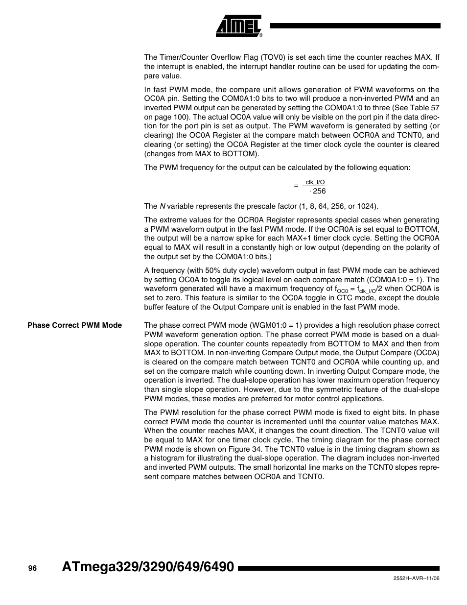 Phase correct pwm mode | Rainbow Electronics ATmega3290P_V User Manual | Page 96 / 375