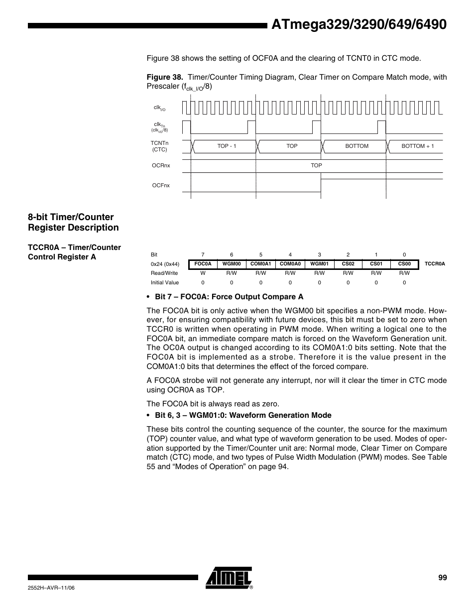 Bit timer/counter register description, Tccr0a - timer/counter control register a | Rainbow Electronics ATmega3290P_V User Manual | Page 99 / 375