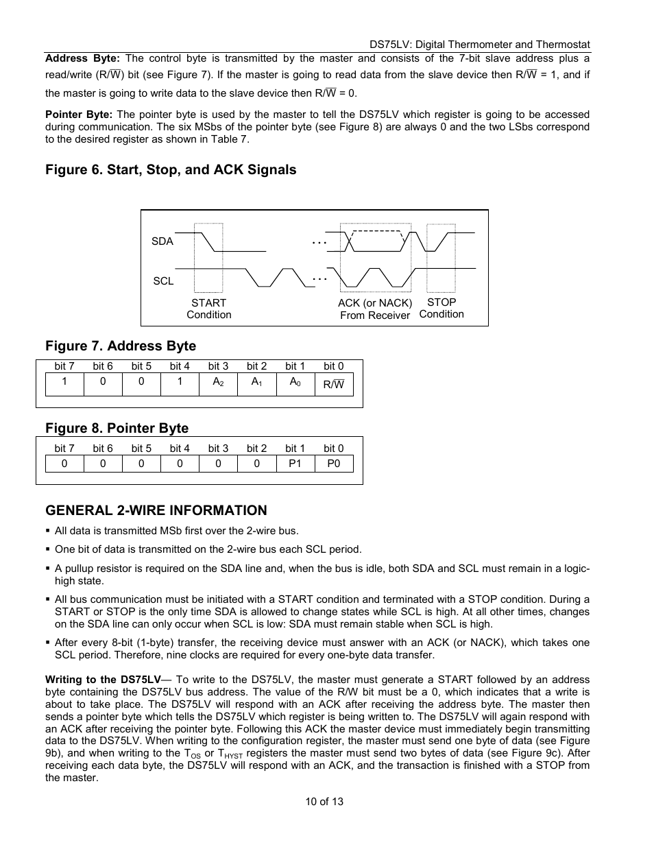 Figure 6. start, stop, and ack signals, Figure 7. address byte, Figure 8. pointer byte | General 2-wire information | Rainbow Electronics DS75LV User Manual | Page 10 / 13