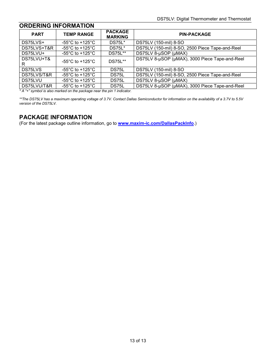 Ordering information, Package information | Rainbow Electronics DS75LV User Manual | Page 13 / 13