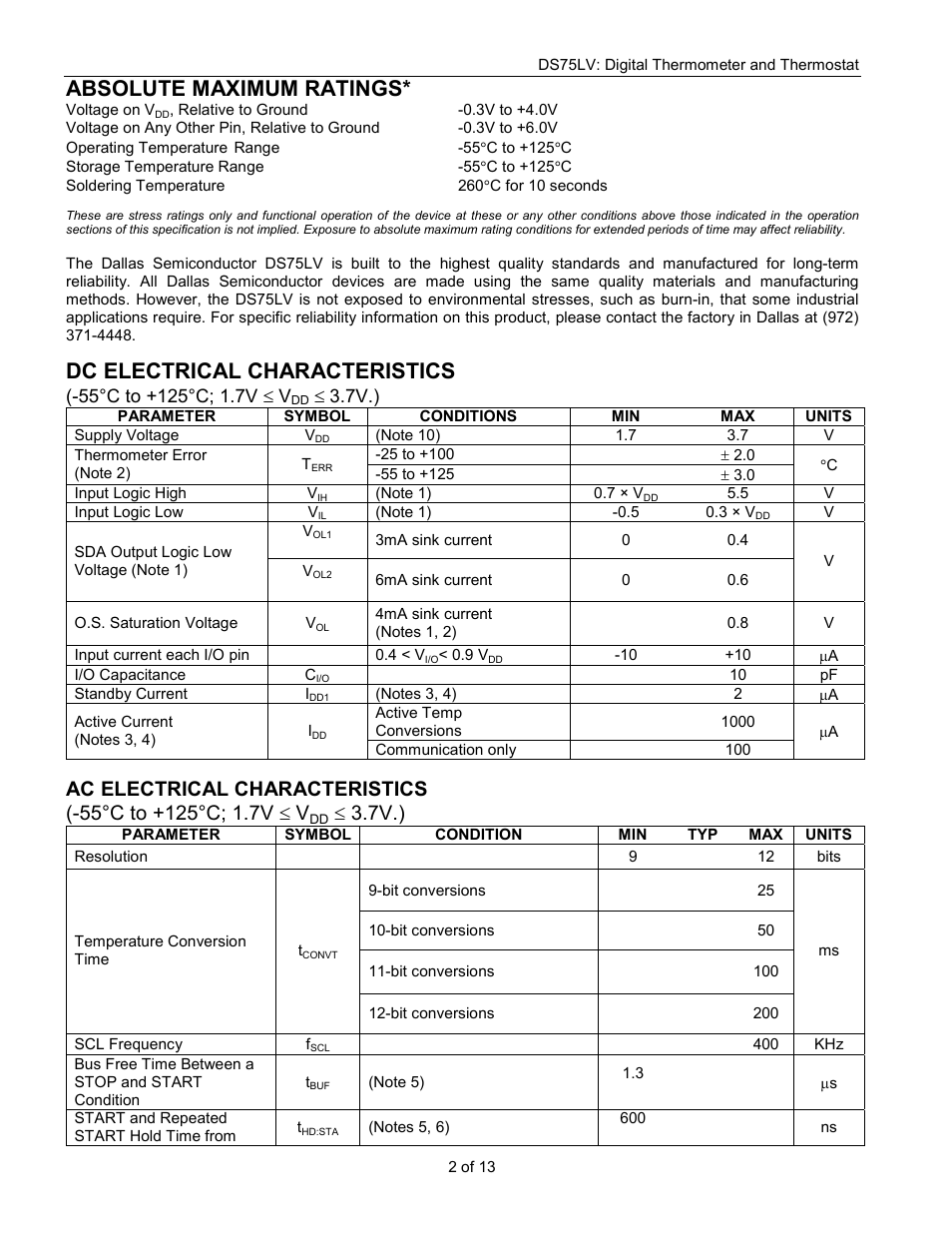 Absolute maximum ratings, Dc electrical characteristics, 7v.) | Rainbow Electronics DS75LV User Manual | Page 2 / 13