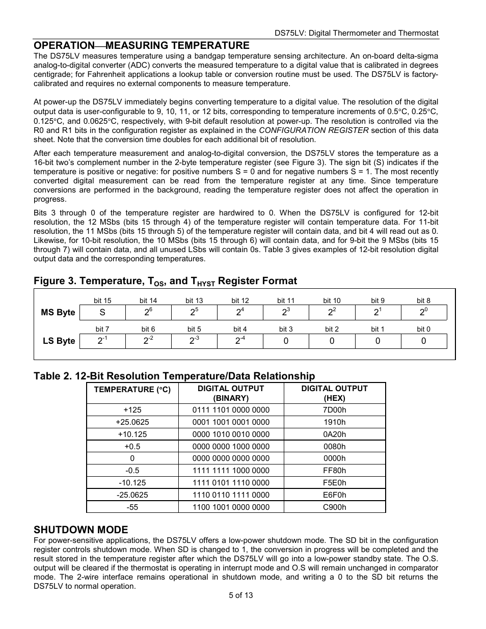 Operation ¾ measuring temperature, Figure 3. temperature, t, And t | Register format, Shutdown mode | Rainbow Electronics DS75LV User Manual | Page 5 / 13