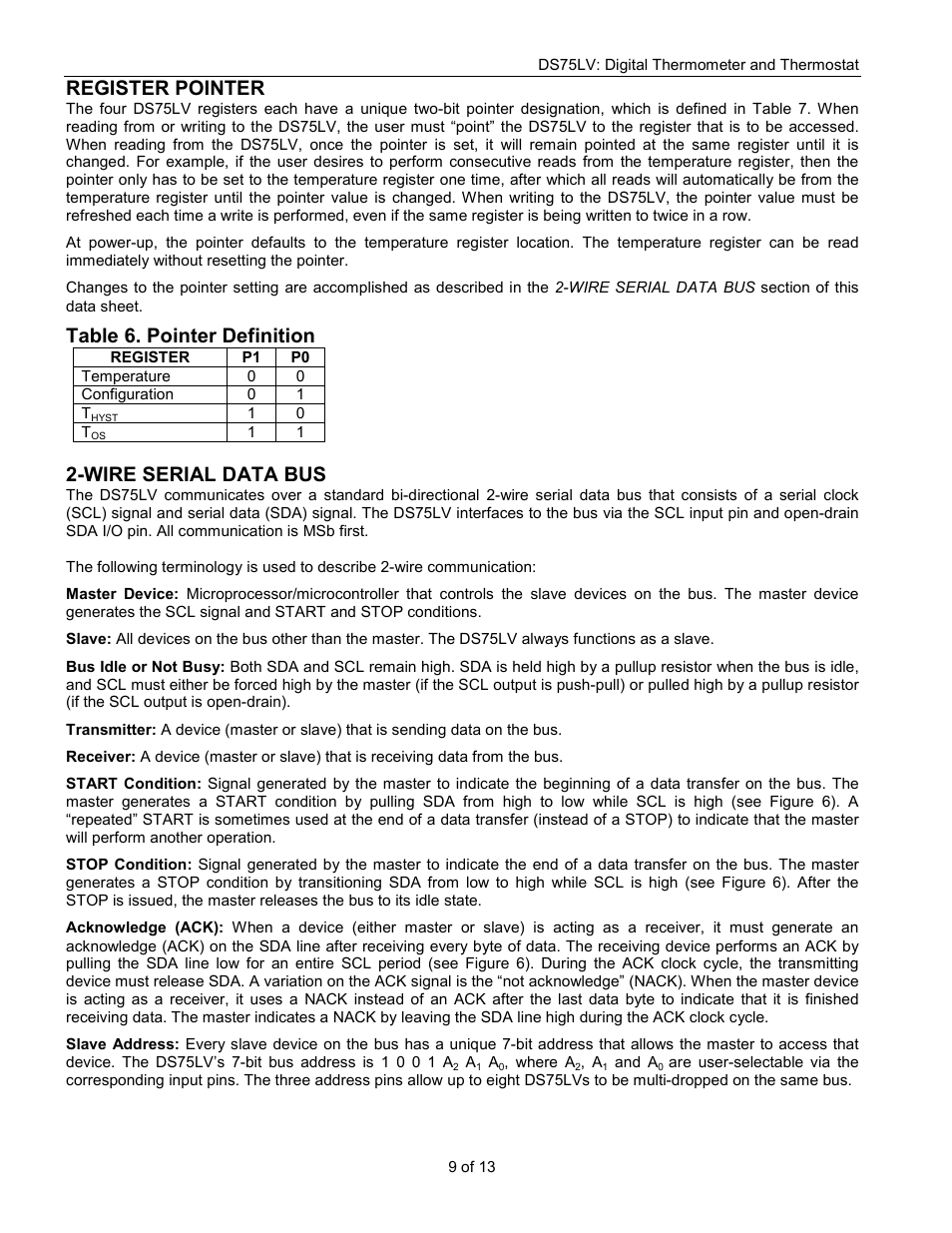 Register pointer, Table 6. pointer definition, Wire serial data bus | Rainbow Electronics DS75LV User Manual | Page 9 / 13