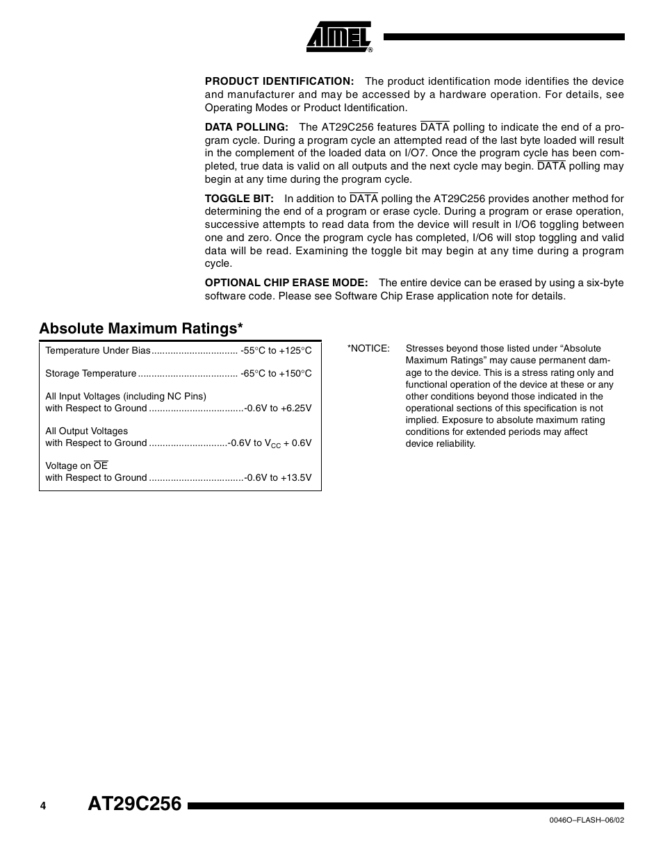 Absolute maximum ratings | Rainbow Electronics AT29C256 User Manual | Page 4 / 18