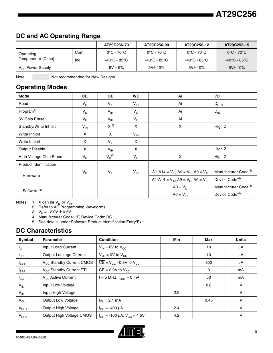Dc and ac operating range, Operating modes, Dc characteristics | Rainbow Electronics AT29C256 User Manual | Page 5 / 18
