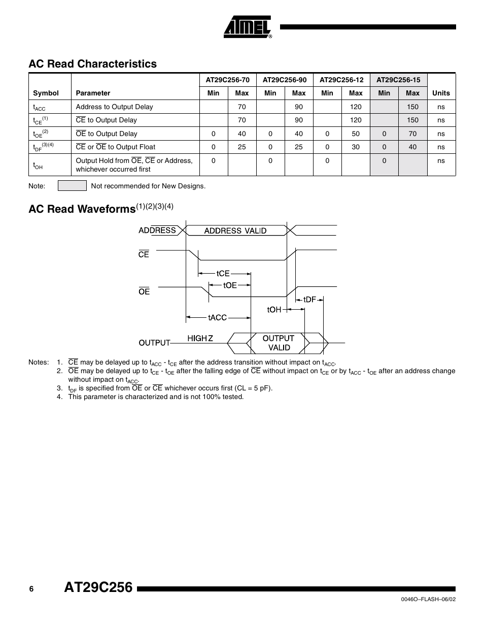 Ac read characteristics, Ac read waveforms(1)(2)(3)(4), Ac read waveforms | Rainbow Electronics AT29C256 User Manual | Page 6 / 18