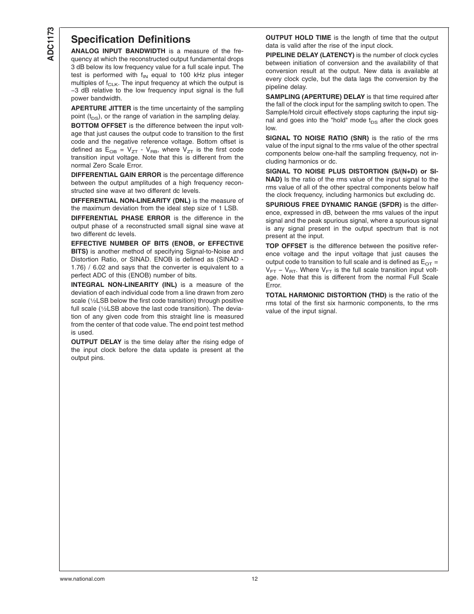 Specification definitions, Adc1 173 | Rainbow Electronics ADC1173 User Manual | Page 12 / 21