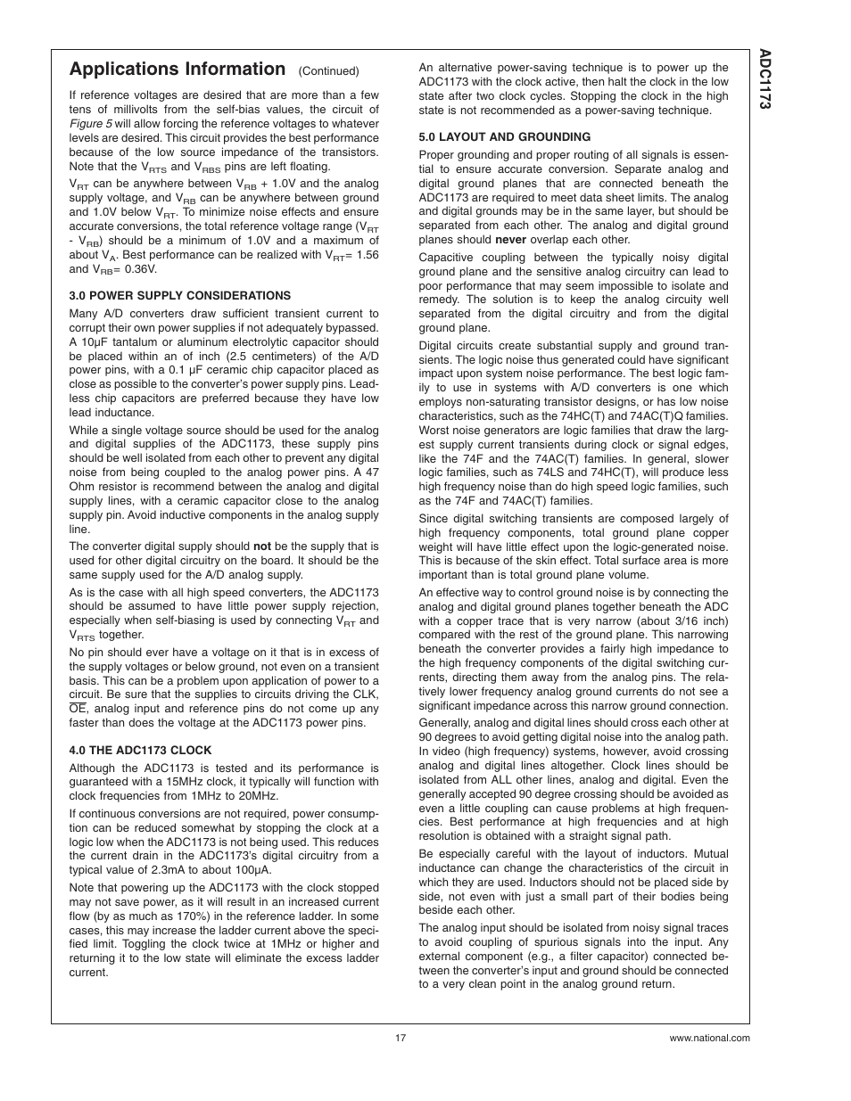 0 power supply considerations, 0 the adc1173 clock, 0 layout and grounding | Applications information, Adc1 173 | Rainbow Electronics ADC1173 User Manual | Page 17 / 21