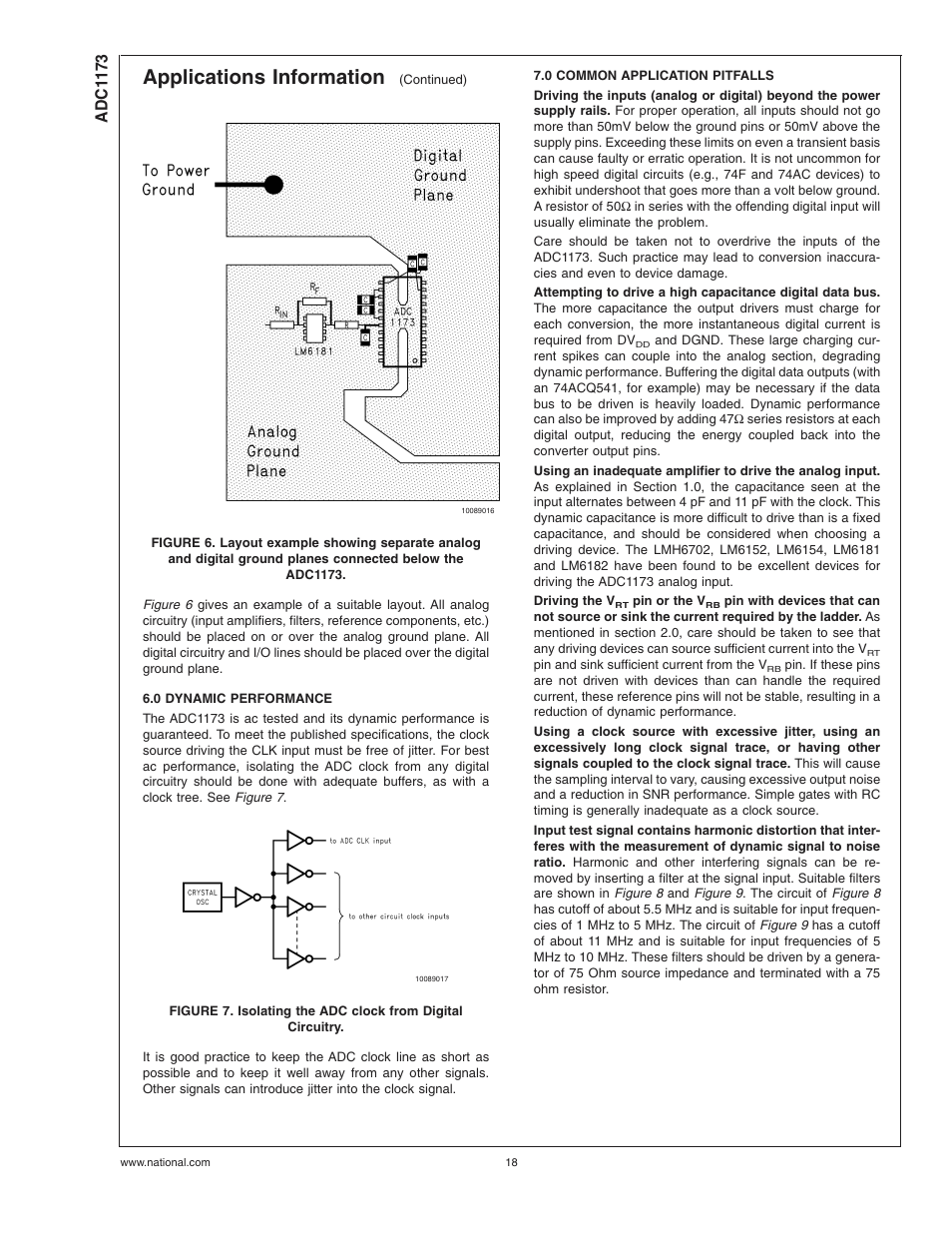 0 dynamic performance, 0 common application pitfalls, Applications information | Adc1 173 | Rainbow Electronics ADC1173 User Manual | Page 18 / 21