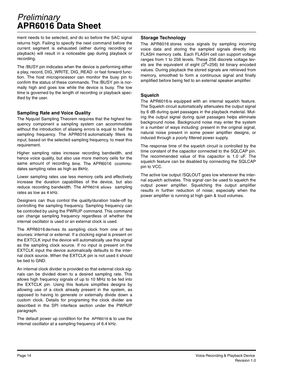 Preliminary apr6016 data sheet | Rainbow Electronics APR6016 User Manual | Page 14 / 23