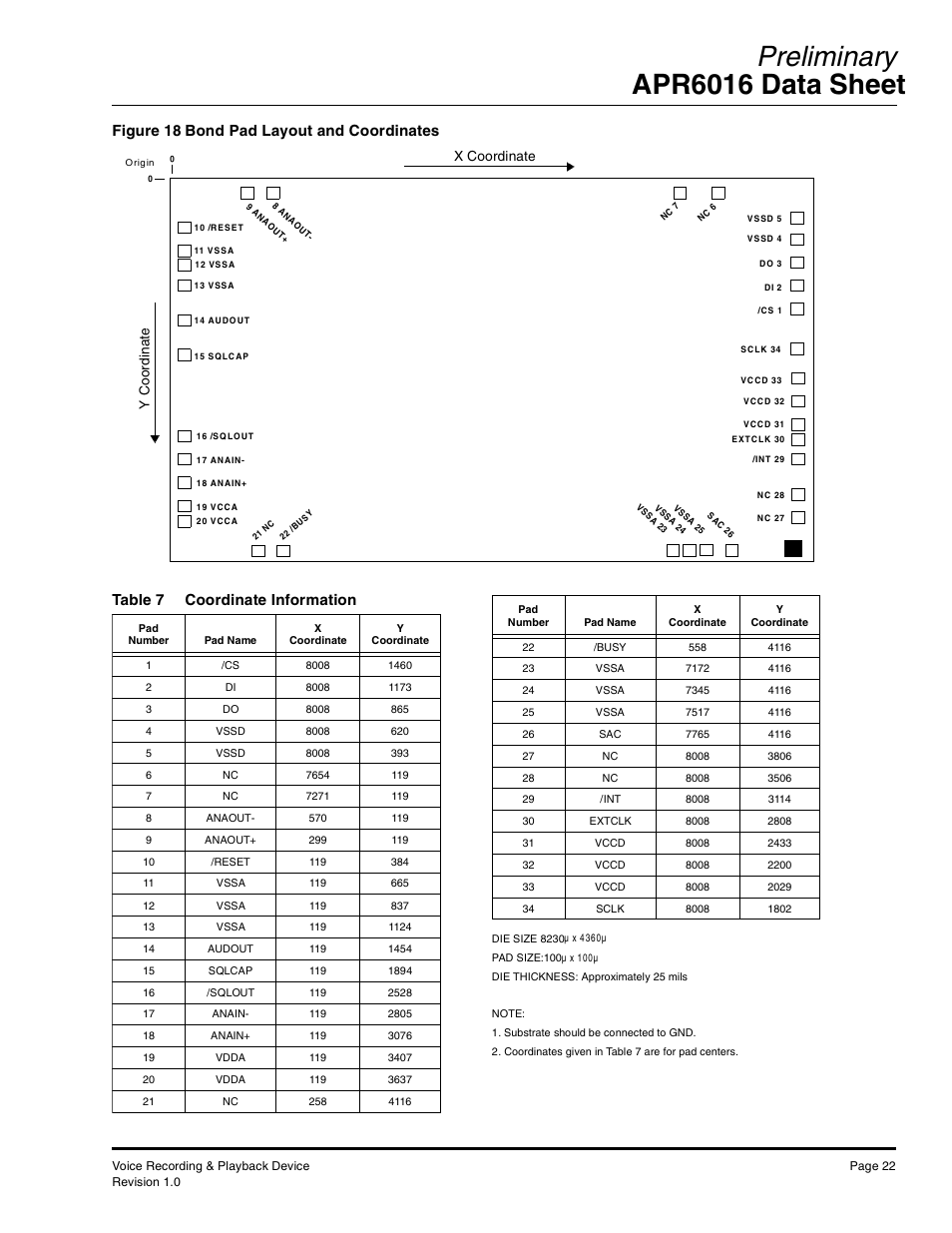 Preliminary apr6016 data sheet, Figure 18 bond pad layout and coordinates, Table 7 coordinate information | Rainbow Electronics APR6016 User Manual | Page 22 / 23