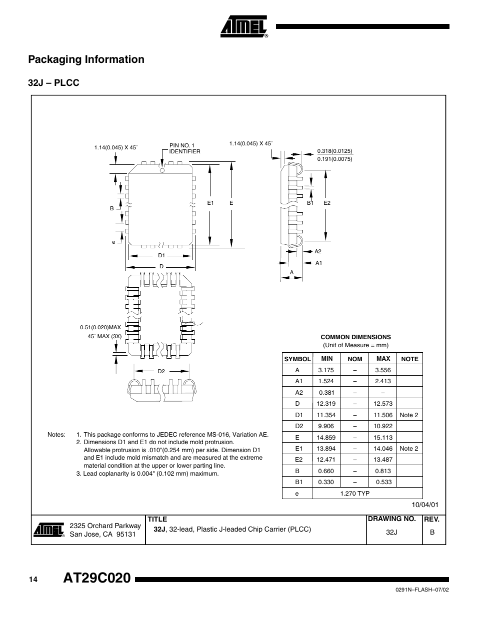 Packaging information, 32j – plcc | Rainbow Electronics AT29C020 User Manual | Page 14 / 17