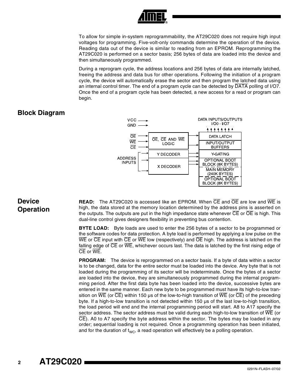 Block diagram, Device operation, Block diagram device operation | Rainbow Electronics AT29C020 User Manual | Page 2 / 17