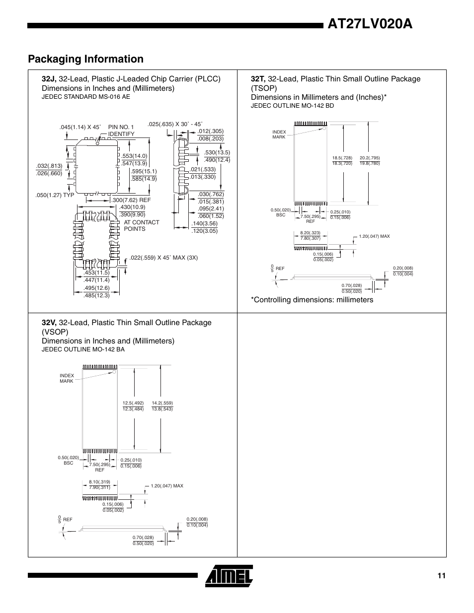 Packaging information, Controlling dimensions: millimeters | Rainbow Electronics AT27LV020A User Manual | Page 11 / 12