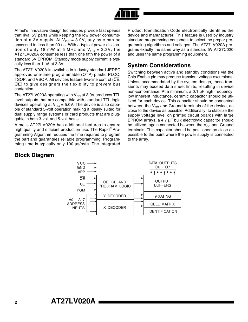 System considerations, Block diagram | Rainbow Electronics AT27LV020A User Manual | Page 2 / 12